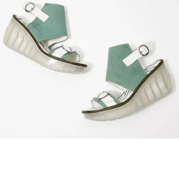 Fly London Sage Green White Platform Heel Wedges Fun Sandals - Picture 16 of 16